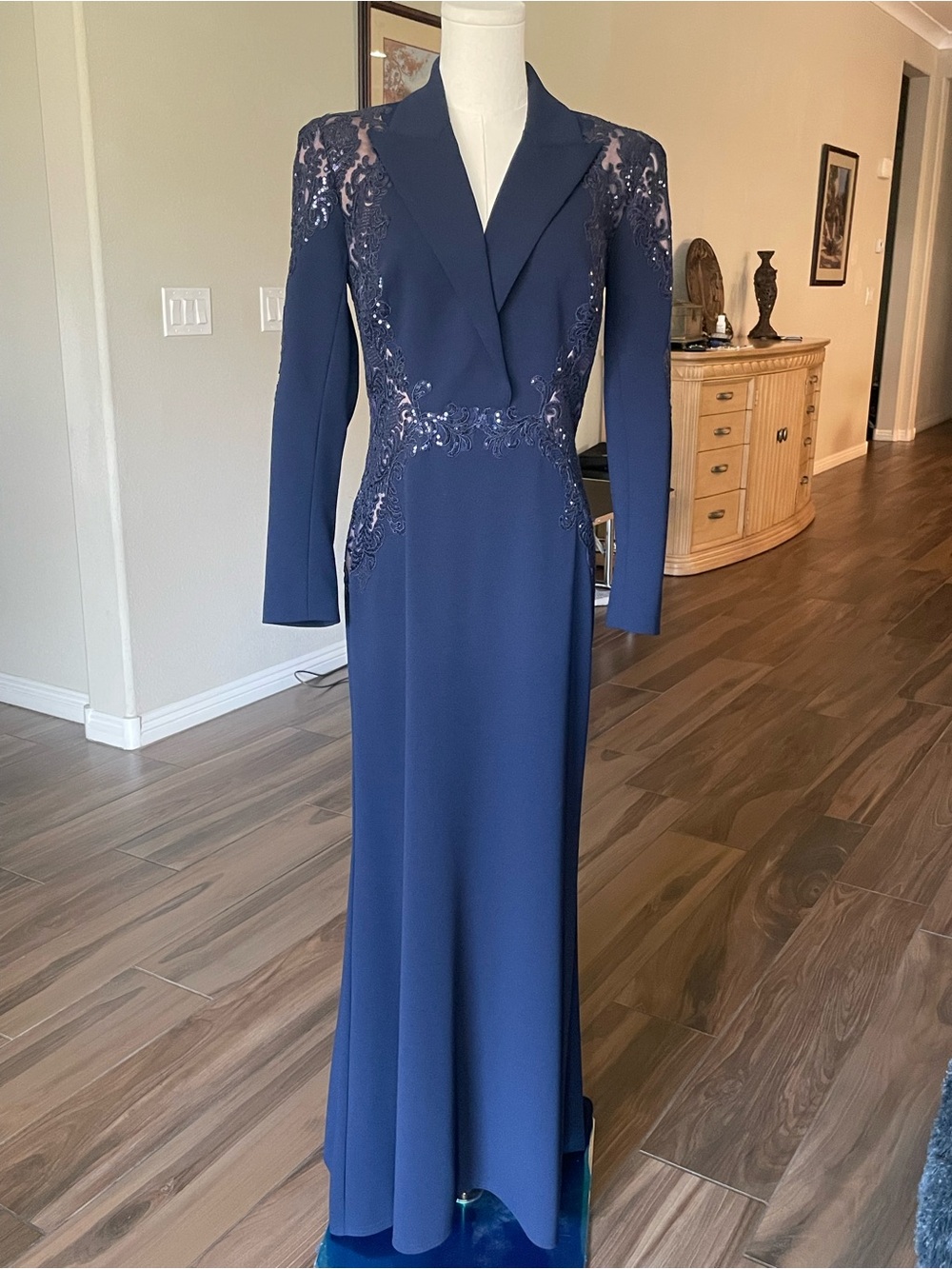 Tadashi Shoji Navy Long-Sleeve Lace-Trim Gown